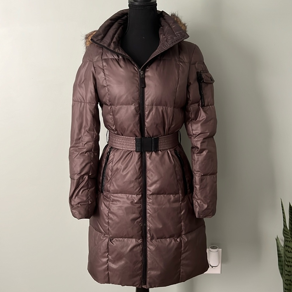 Andrew Marc New York Belted Pewter Long Puffer Jacket Warm Fitted Style size XS
